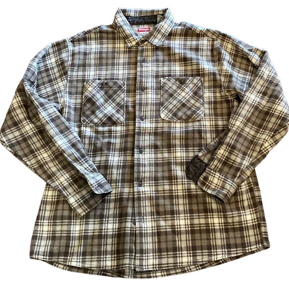 Wrangler Mens XL Fleece Taupe Plaid Button Up Shacket - Picture 1 of 5